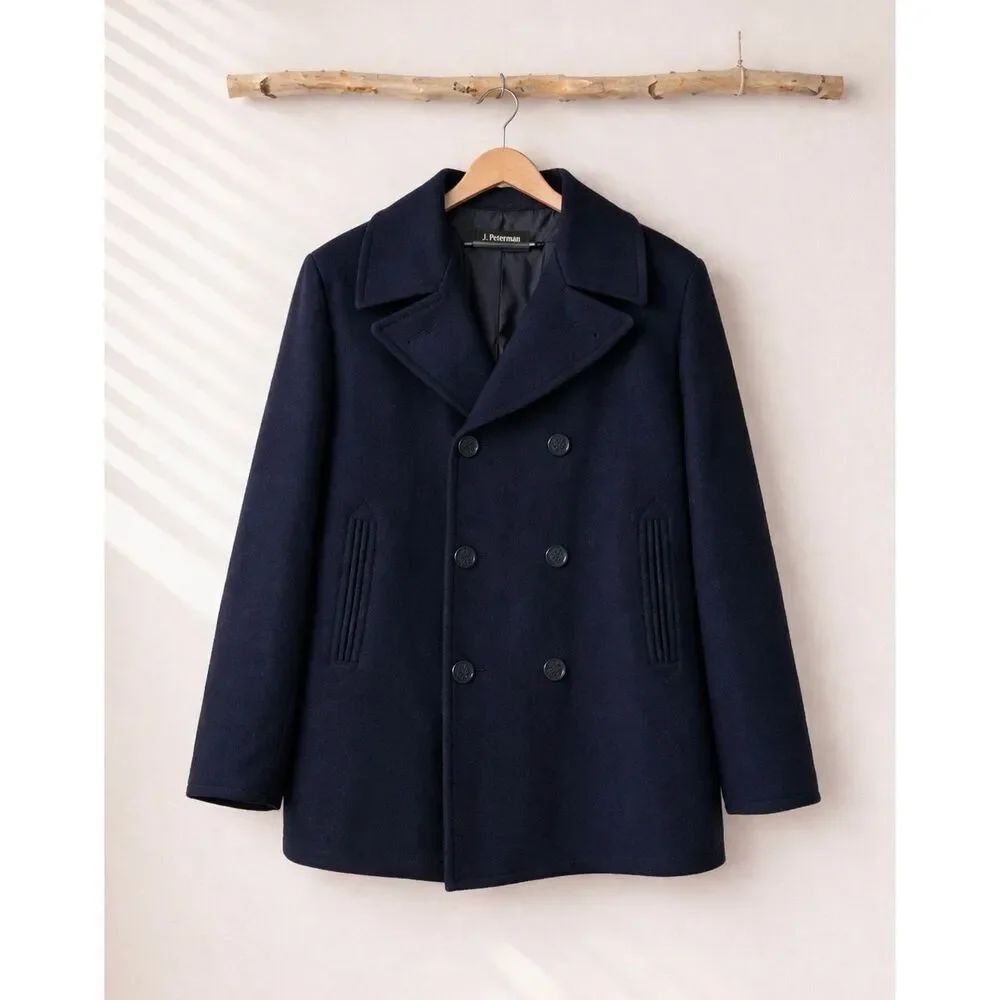 J. Peterman 100% wool navy nautical double breasted peacoat size 42 large